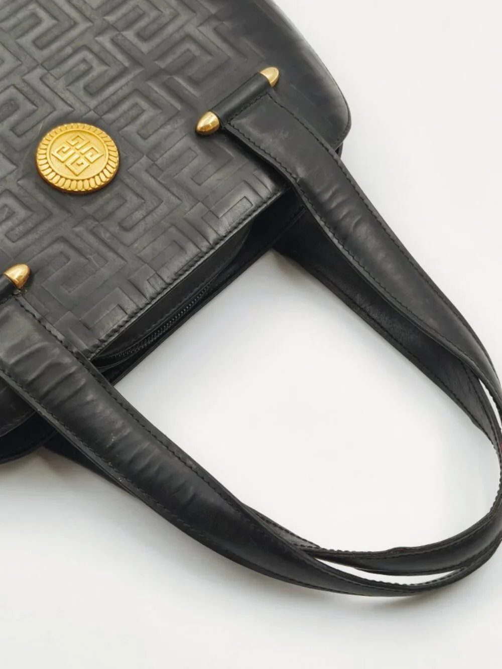 Givenchy Vintage Black Embossed Leather Top Handle Handbag Gold Tone Hardware